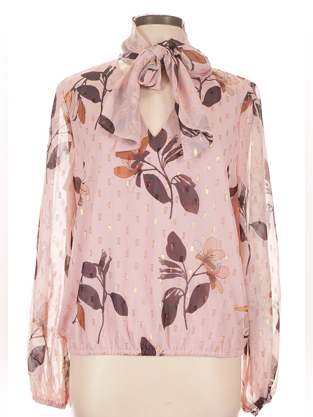 Ted Baker Pink Floral Tie-Neck Blouse with Gold Accents Size 4 or XL